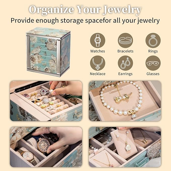 Glass Jewelry Box, 5-Layer Storage Case,Jewerly Boxes for Women Girls,Jewelry Gift Decorative Boxes, Art Painting Tabletop Ornament Organizer For Earring Necklace Watch Christmas Gifts