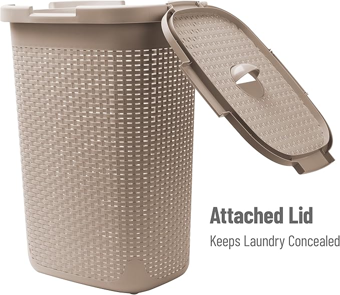 Mind Reader Slim Laundry Hamper with Lid, 60L Clothes Basket, Premium Wicker Design, Plastic, Tan
