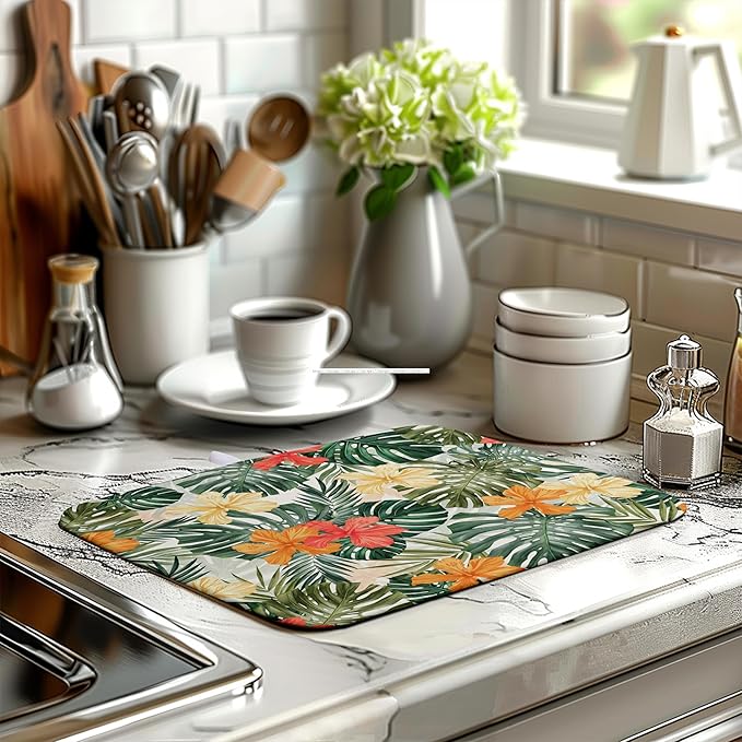 Wnoesat Tropical Leaves Flower Drying Mat for Kitchen Counter Summer Palm Leaf Drying Dish Mat Watercolor Herbs Dishes Pad Absorbent Fast Dry Kitchen Accessories 16x18 Inch