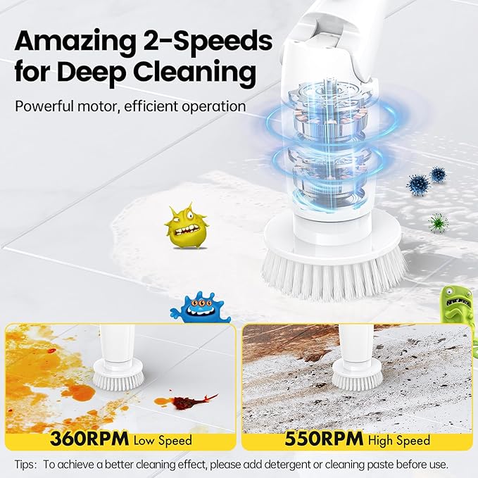 StarVal Electric Spin Scrubber, Cordless Cleaning Brush Shower Scrubber Up to 550 RPM with 9 Replaceable Brush Heads, Bathroom Scrubber Adjustable Extension Handle for Cleaning Bathroom Kitchen(Grey)