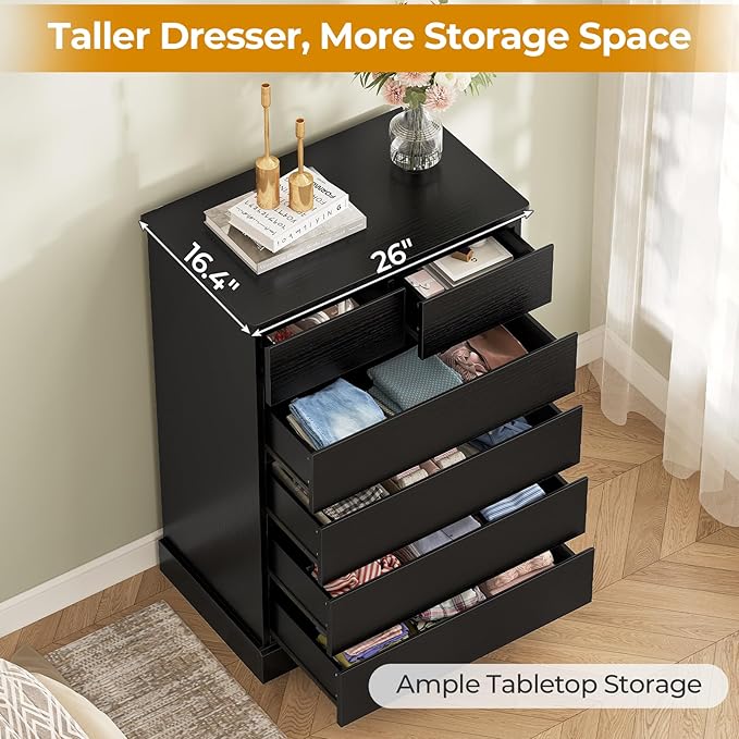 Hasuit 6 Drawer Dresser for Bedroom, Tall Chest of Drawers Storage Organizer for Closet, Modern Clothes Storage Tower with Ample Storage Space, Black