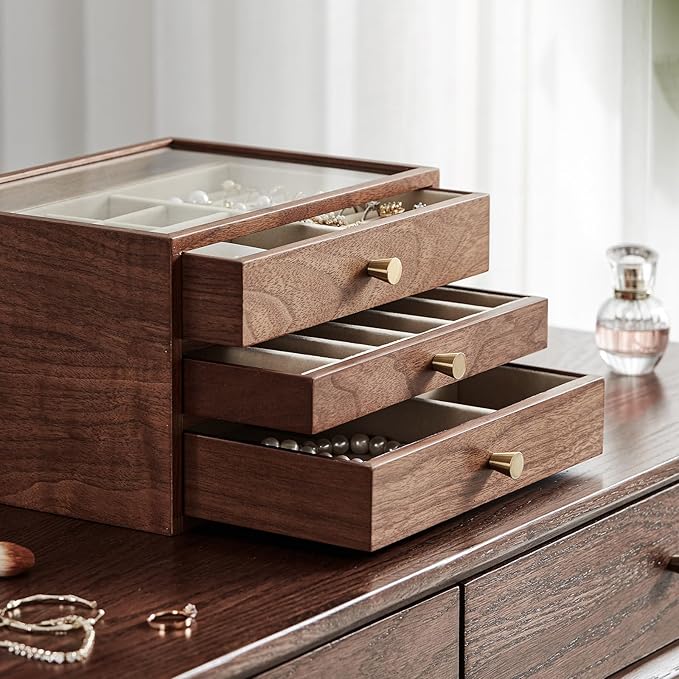Homruilink Black Walnut Wooden Jewelry Box Women large 3 Layer Drawer Organizer Box with Glass Lid for Necklaces, Watch, Necklace, Ring, Earring Storage - Christmas Gifts