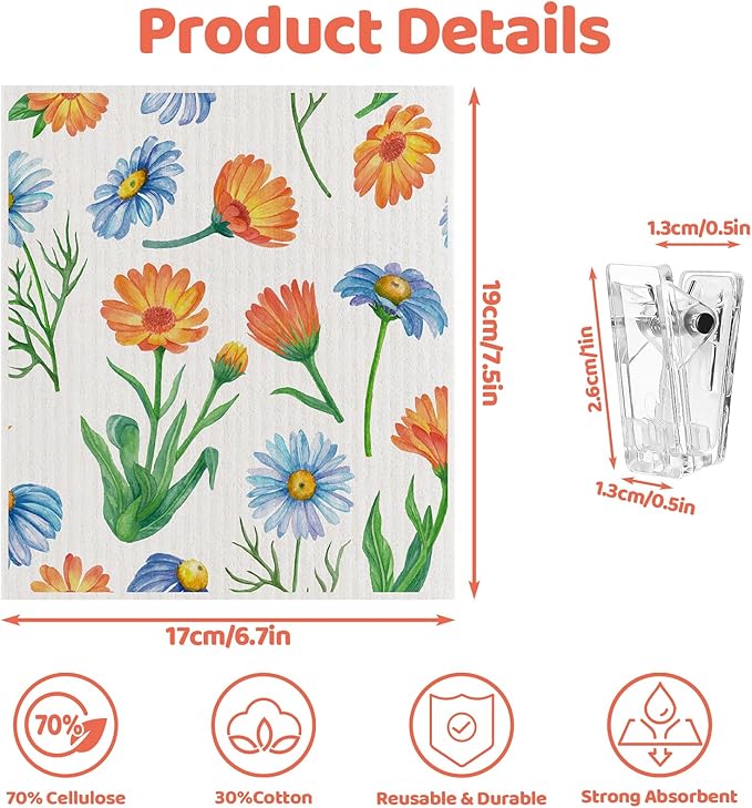 6 Pack Swedish Dishcloths for Kitchen, Swedish Rags Absorbent Floral Dish Cloths Dish Towels with Adhesive Clips, Reusable Paper Towels No Odor for Cleaning Kitchen Valentines Gifts for Women