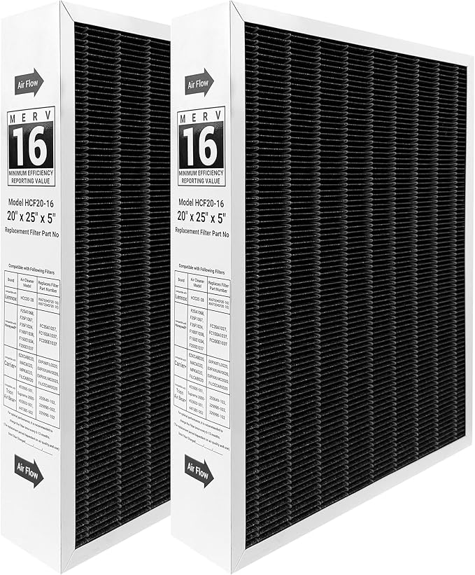 （2 Pack）6675 20x25x5 MERV 16 Air Filter Compatible with Lennox HCC20-28 and Lennox 6675 Healthy Climate Carbon Clean MERV 16 Furnace Filter for HVAC System, Part Number HCF20-16&HCF20-10