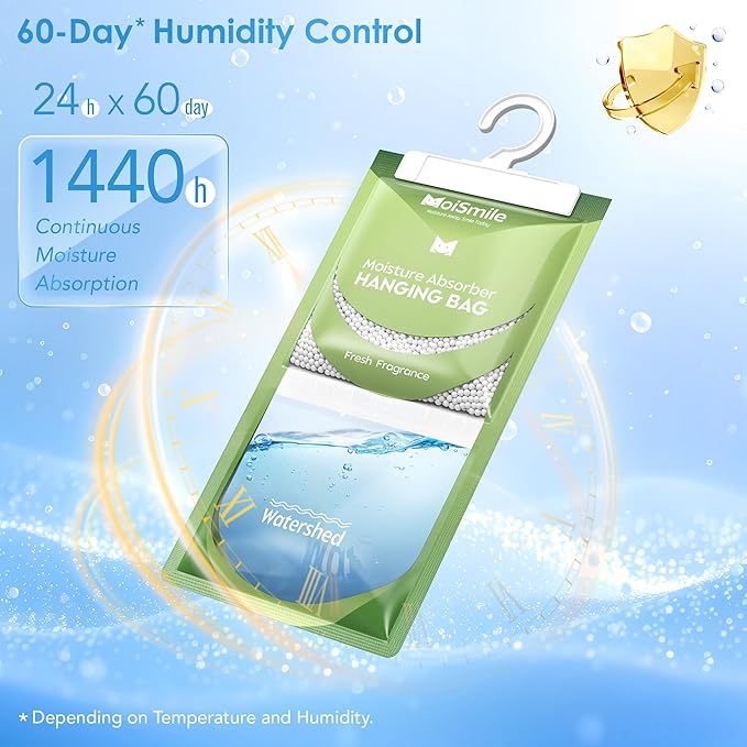 Moisture Absorbers 10 Pack Fresh Fragrance, Hanging Closet Dehumidifier Bags, Humidity Absorber, Compact Eliminates Odors Humidity Packs for Car, Bathroom, Bedroom, Basement, 9.8OZ