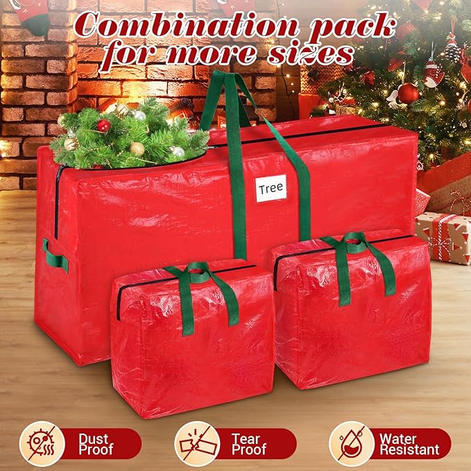 Christmas Tree Storage Bag 9 Ft With 2 Large Tinsel Garland Bags, Waterproof Material, Reinforced Handles & Dual Zipper (Red)