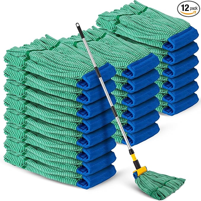 Hushee 12 Pack Large Microfiber Tube Mop Heads 18 oz Heavy Duty Commercial Industrial Wet Mop Head Refill Reusable Machine Washable Looped End Mopheads for Hardwood, Tile, Laminate Floors, Green