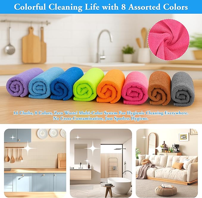 lucdnc Microfiber Cleaning Cloths 16 Pack 8 Color Cleaning Rags for Housekeeping Home Kitchen Bathroom Car,11.5"X11.5" Soft Lint Free Wet and Dry Use Dusting Cleaning Supplies Towels