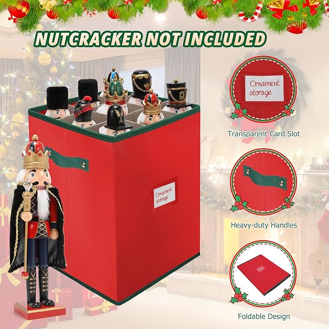 Christmas Nutcracker and Figurine Storage Box, Keeps 9 16" Tall Holiday Nutcrackers, Figurines, and More -Xmas Decor Collectible Organizer with Adjustable Dividers, 600D Oxford Fabric Tear-Proof