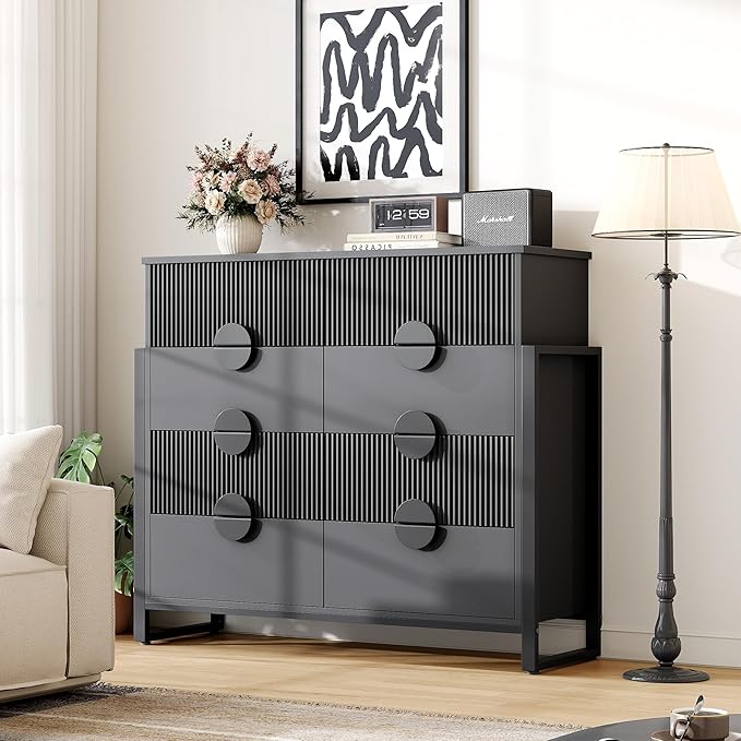 Fluted Dresser for Bedroom with 8 Drawers, 50" Wide Chest of Drawers with Raised H Legs and Curved Profile Design, Wood Closet Clothes Storage Organizer for Bedroom, Hallway, Black