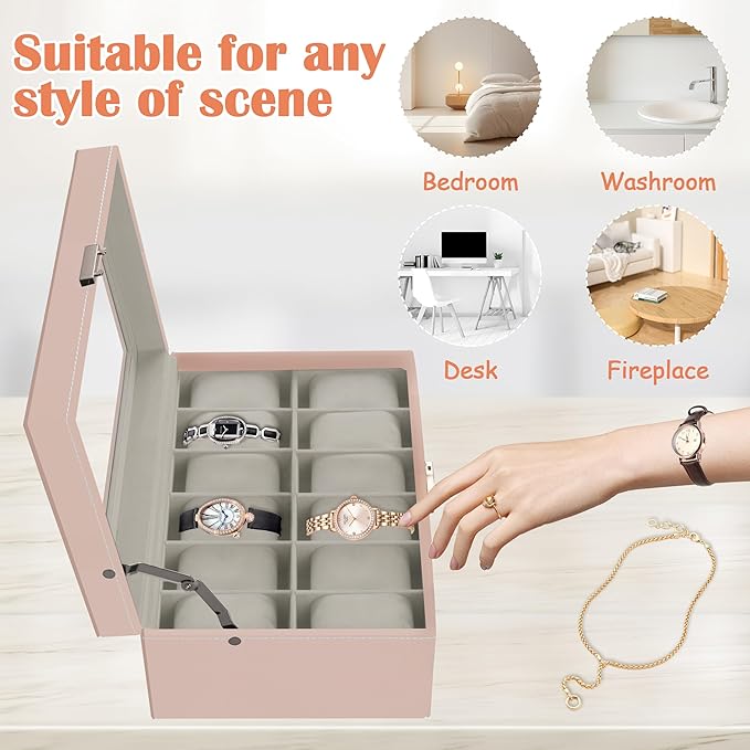 Ogrmar 12 Slot PU Leather Lockable Watch Storage Boxes, Men & Women Jewelry Display Drawer Case, 2-tier Organizer Watch Showcase with Glass Lid (Pink)
