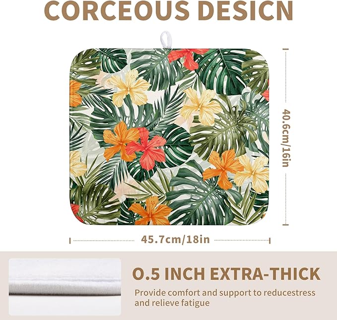 Wnoesat Tropical Leaves Flower Drying Mat for Kitchen Counter Summer Palm Leaf Drying Dish Mat Watercolor Herbs Dishes Pad Absorbent Fast Dry Kitchen Accessories 16x18 Inch