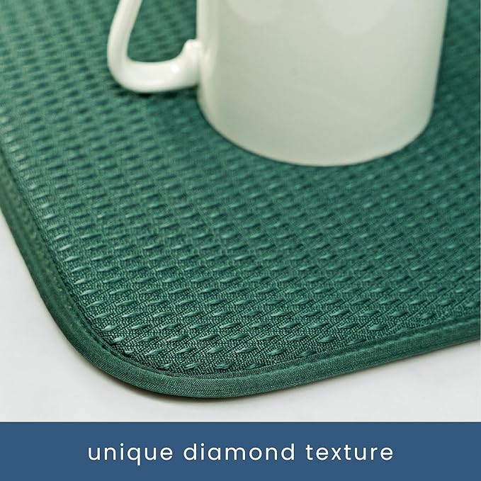 S&T INC. Dish Drying Mat, 16” x 18”, Absorbent Microfiber Kitchen Counter Mat, Drying Pad for Dishes, Utensils, Pots and Pans, Large, Diamond Texture, Emerald Green