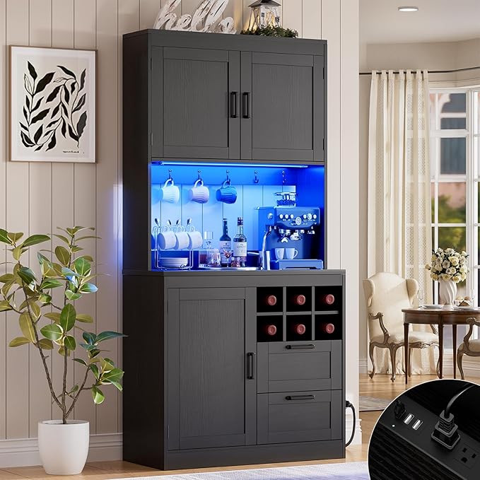 Unikito 72" Tall Pantry Cabinet, Kitchen Pantry Storage Cabinet with LED Light & Outlet, Kitchen Hutch Bar Cabinet with Microwave Stand, Wine Rack, Drawers and Shelves, Cupboard for Dining Room, Black