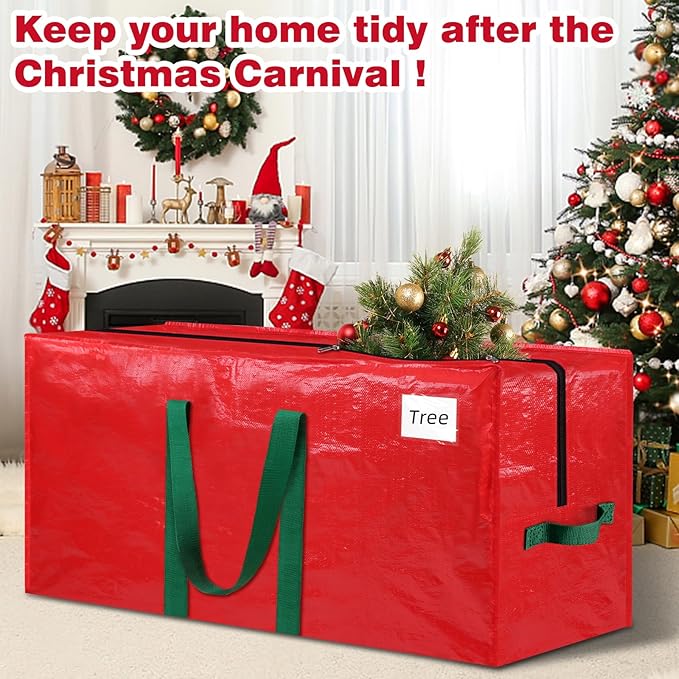 Christmas Tree Storage Bag 7.5 Ft, Durable & Waterproof Xmas Holiday Tree Bag with Handles, Tag Pocket, Artificial Christmas Trees Storage Box, Garland Storage Container Tote, Red