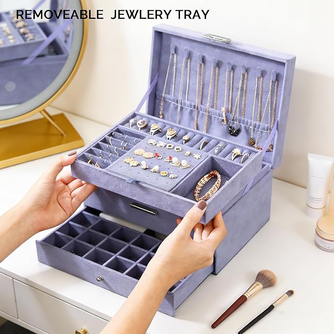 Jewelry Organizer Box for Women with Drawers, 3-Tier Large Capacity Jewelry Storage Organizer Vintage Lockable Display Case with Compartments for Necklaces, Bracelets, Rings, Earrings