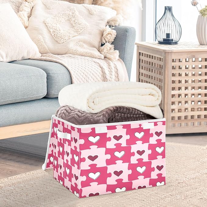 Bolaz Heart Shaped Love Puzzle Storage Bins with Lids and Handles, Foldable Storage Box Storage Basket with Cover Collapsible Organizer Containers for Home Closet, Shelves