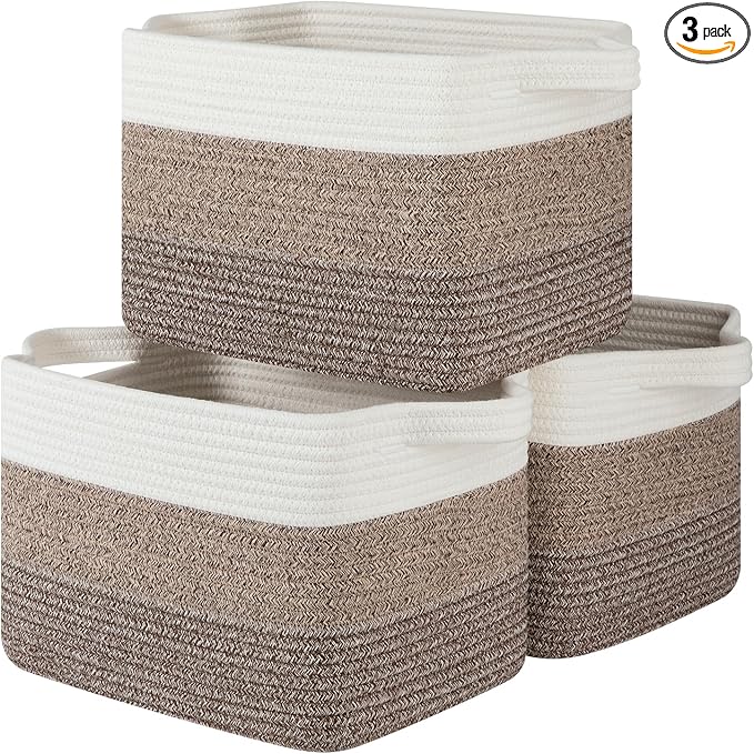 Storage Baskets for Organizing, Woven Baskets for Shelves, Rectangle Decorative Organizer for Storage Clothes, Toy, Books, Towels Nursery Bins 3 Pack (Gradient Dark Brown, 13"x9.85"x8.7")