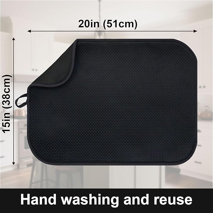 FULL BE DARE 2-Pack Black Dish Drying Mats 20" x 15" – XL Dish Drying Mats for Kitchen Counter, Kitchen Dish Drying Mat, Microfiber Dish Drying Mat, Foldable Drying Mat for Dishes, Pots, Pans (Black)