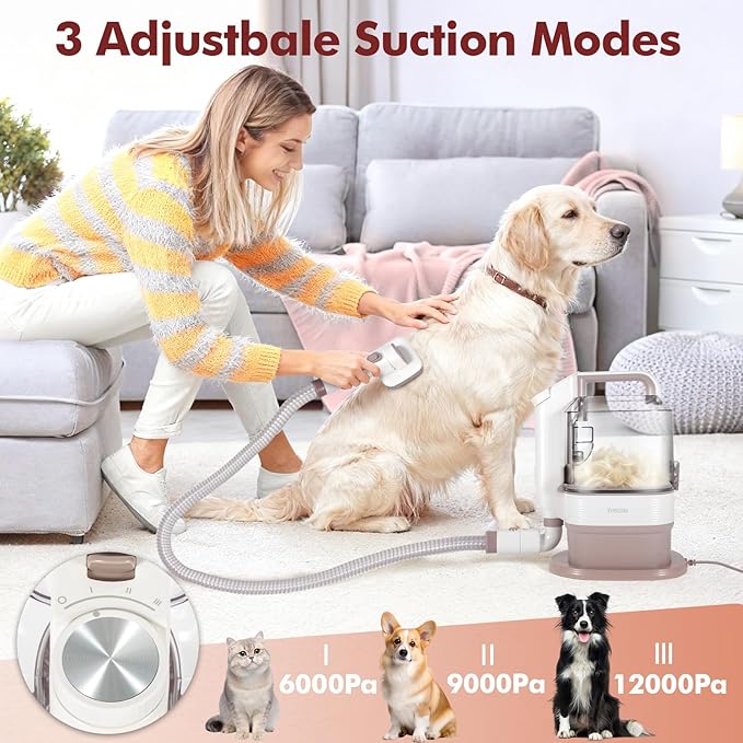 Crazydeer Dog Grooming Vacuum, 12000Pa Powerful All-in-One Pet Grooming Vacuum for Dogs Cats, Low Noise Pet Hair Clipper with 3.2L Dust Cup for Shedding Pet Hair, Low Noise, 3 Levels, White