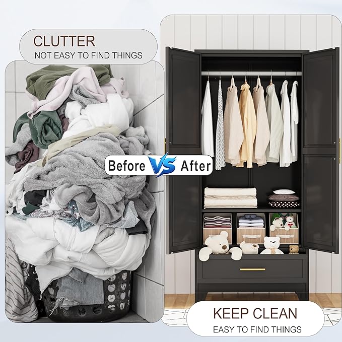 71"H Metal Tall Armoire Wardrobe Closet with Drawer,Household Steel Wardrobe Closet Cabinet with Drawers,Clothing Storage Wardrobes Cabinet with Adjustable Shelves and Hanging Rod For Bedroom