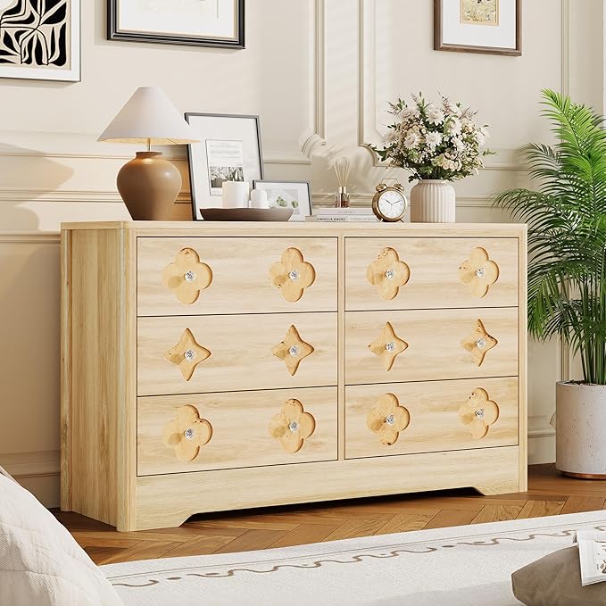 Garvee Dresser for Bedroom with 6 Drawers, 47.2'' Wide Chest of Large Decorative Drawer Front with Large Clothes Storage Cabinet, Wood Bedroom Dresser, TV Stand for Nursery, Living Room, Hallway, Oak
