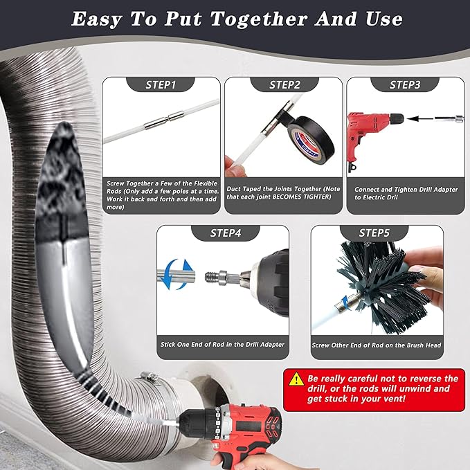 Chimney Sweep Kit Chimney Brush Kit Chimney Cleaning Kit, 16FT Dryer Vent Cleaner Kit Duct Cleaning Tools, Dryer Vent Cleaning Kit Fireplace Chimney Brushes-12pcs Flexible Rods, 2pcs 8in Chimney Brush