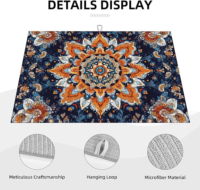 Mandala Flowers Dish Drying Mat for Kitchen Counter Microfiber Super Absorbent Non-Slip Dish Drying Pad for Countertops Dishes Utensils Stylish Quick-Dry Machine Washable 18x24 Inch