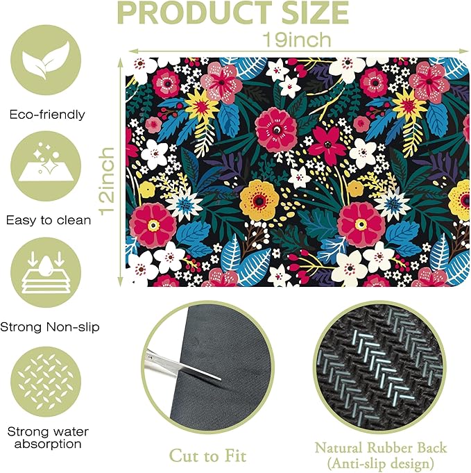 Kitchen Mat Abstract Solid Flowers Dish Drying Mat 12"x19" Bsorbent Coffee Maker Mat for Sink Dishes or Under Rack Kitchen Counter Accessories Absorbent Hide Stain Rubber Backed Dish Drying Pad