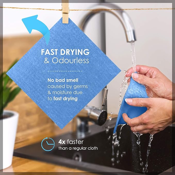 SUPERSCANDI 10 Pack Swedish Dishcloths for Kitchen - 100% Biodegradable & Compostable Reusable Paper Towels Washable, Food-Safe & Without Plastic - Dish Rags Suitable for Any Surface, Blue.