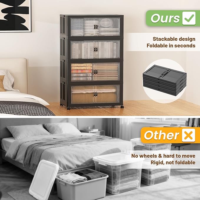 SAILUN 508Qt Extra Large Stackable Storage Bins Folding Collapsible Storage Bins with Lid, Closet Organizers and Storage Box with Door Black 28" W x 17" D x 61" H