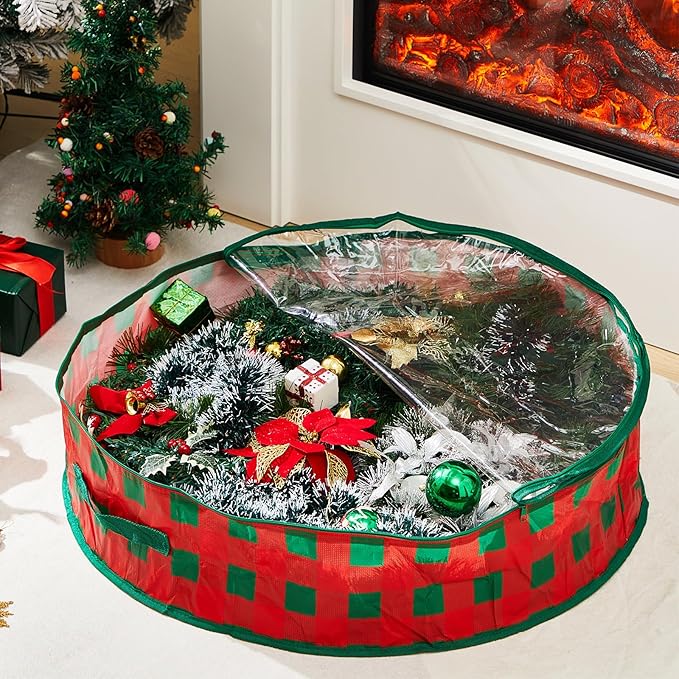 Aliceset 4 Pack Wreath Storage Containers, Christmas Ornament Garland Wreath Storage Bags with Handle Dual Zipper Large Decorative Storages Box for Winter Wreaths(24 x 24 x 7.8 Inch,Red Green Plaid)