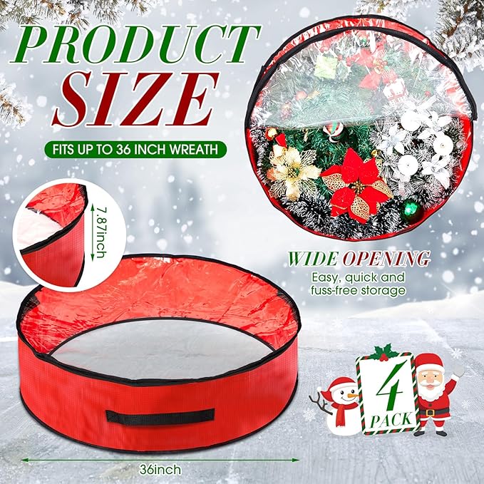 4 Pcs Christmas Wreath Storage Bag, Christmas Garland Storage Container with Clear Window, Zipper & Handle for Xmas Holiday Seasonal Wreath Garland Box(Red,36")
