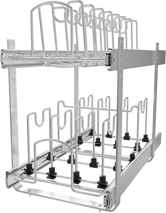 STORKING 2-Tier Kitchen Pull out Cabinet Organizer for Pots, Pans, and Lid Cookware, Adjustable Heavy Duty Wire Pan and Pot Rack, Full-Extension Rail 12" W *22" D