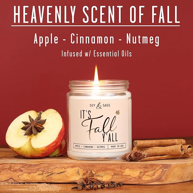 Fall Candles - 'It's Fall Yall' Candle w/Apple Cinnamon & Nutmeg I Infused with Essential Oils I Autumn Scented Candles I Cozy Cute Décor Gifts I 9oz Jar I 50Hr Burn I Made in USA