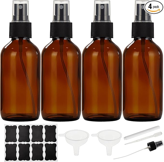 Dark Amber Glass Spray Bottles 4 oz, Small Glass Spray Bottles for Essential Oils, Fine Mist for Face, Hair, Plants, Travel, Perfumes, Cleaning Solutions - 4 Pack