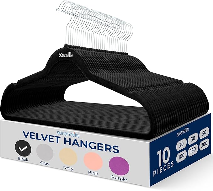 SereneLife 10 Pack Velvet Hangers – Non-Slip Clothes Hangers with Heavy Duty Design, Slim Space-Saving Coat Hangers with 360° Swivel Hook, Strong Lightweight Closet Organizer Set for Clothes (Black)