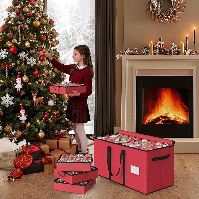 Christmas Ornament Storage Box with 8 Trays, Christmas Storage Container for 128-3'' Holiday Ornament Decorations, Large Xmas Organizer with Adjustable Dividers, Dual Zipper and Pocket - Red