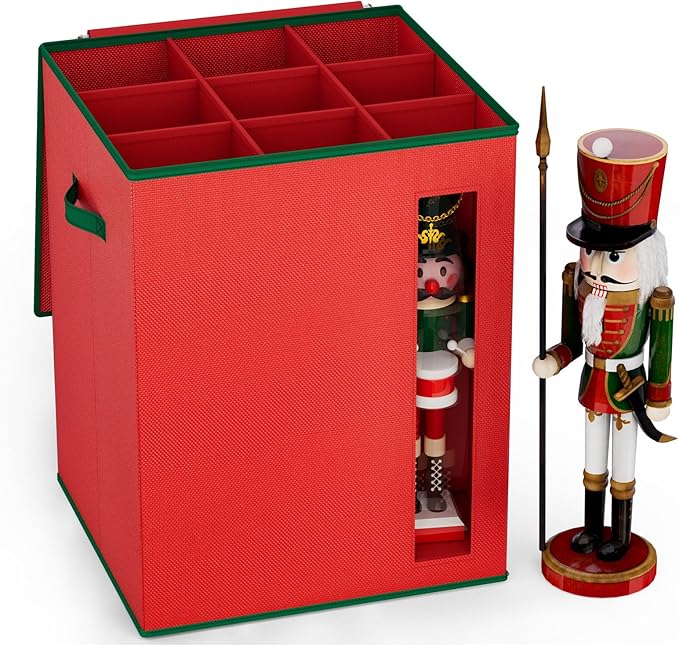 VERONLY Christmas Nutcracker and Figurine Storage Box, Holds 9-16" Tall Nutcracker Ornaments, Foldable Holiday Decoration Organizer with Removable Dividers & View Window (Nutcracker Not Included)