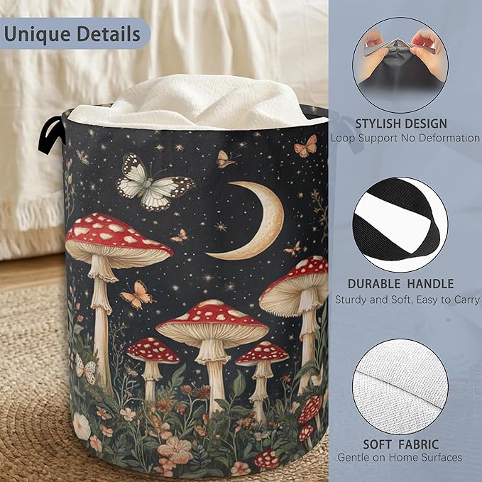 Mushroom Forest Plant Laundry Hamper,Butterfly Moon Dirty Clothes Laundry Basket with Handles Waterproof Oxford Cloth Storage Basket for College Dorms Bathroom Bedroom 16" x 20.8"