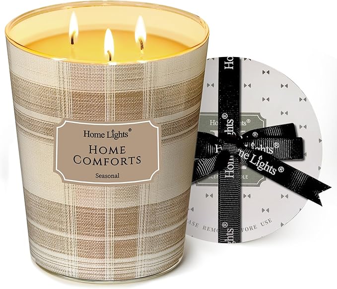 HomeLights Scented Candles | Large Jar 34 Oz Natural Soy Candle | 130 hrs Long-Lasting with 3 Wicks | Rustic Modern Home Decor | Gifts for Mom & Women, Home Comforts