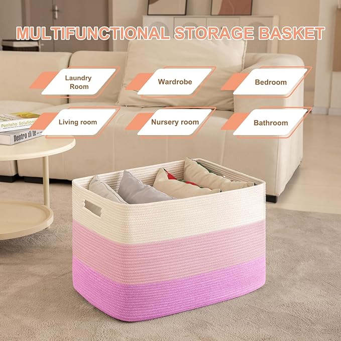 OIAHOMY 108L Super Large Blanket Basket, 25”x16”x16” Rectangle Woven Baskets for Storage, Cotton Rope Basket For Living Room, Toy Storage with Handle - Gradient Pink