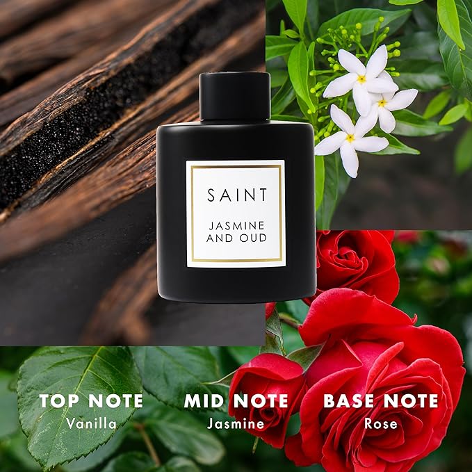 SAINT Reed Diffuser, Aromatherapy Diffuser Set with Scent Diffuser Sticks, Long-Lasting Oil Diffuser in Matte Black Glass Jar, Aroma Diffuser for Home, Bedroom, or Bathroom, 5oz, Jasmine and Oud