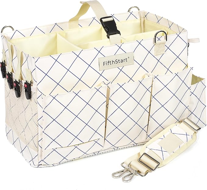 FifthStart Cleaning Caddy for Cleaning Supplies - Large Cleaning Bag Organizer Tote with Shoulder Strap, Mesh Base & Adjustable Dividers - Heavy Duty Cleaning Bags for Housekeepers (Blue Check, Large)