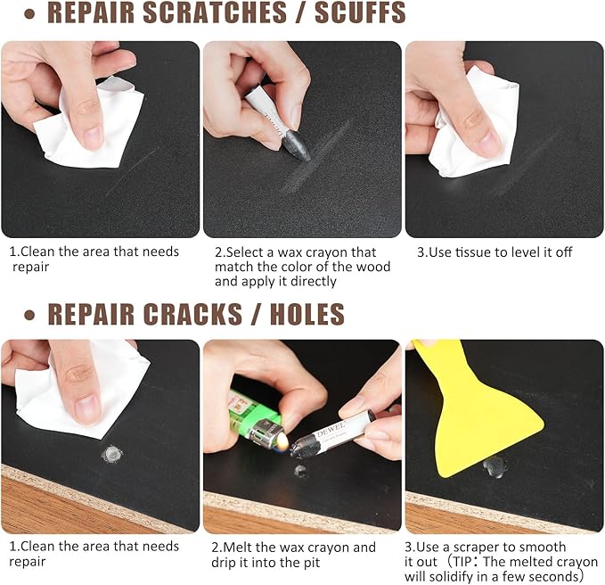 DEWEL Wood Repair Kit 12-Color Repair Paste with Touch-Up Pen & 8-Color Wax Sticks for Floors & Furniture-Fix Scratches, Screw Holes, Peeling Paint, Hide Flaws, Water-Based Repair Pen & Crayon Set