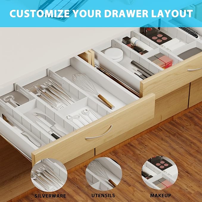 GZOOGHOME 6 Pack Bamboo Drawer Dividers with 12 Inserts, Expandable Adjustable Clothes Drawer Organizers and Storage from 17" to 22" for Kitchen, Bedroom, Dresser, Cosmetics (White)