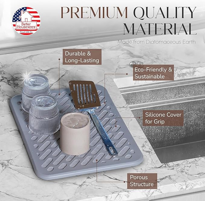 Better Houseware Stone Drying Mat for Kitchen Counter Diatomaceous Earth Dish Drying Mat Self Absorbing Kitchen Mat with Non-Slip Silicone Cover, Super Absorbent Stone Dish Drying Mat