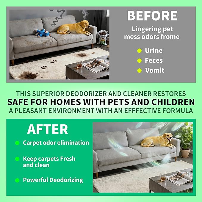 Maebho Carpet Deodorizer Freshener Powder for Pets - Pet Odor Eliminator for Urine, Feces & Vomit | Lemon Scent, Natural Ingredients Safe for Kids & Pets | 21 Oz