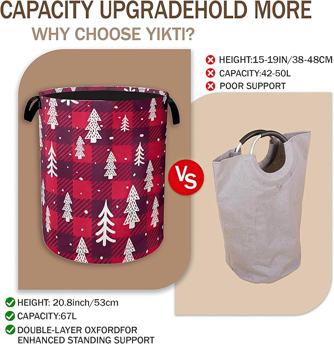 Christmas Tree Laundry Hamper,Red Plaid Collapsible Laundry Baskets,Waterproof Oxford Cloth Laundry Room Organization for Bedroom,Bathroom,Nursery,16x20 Inch
