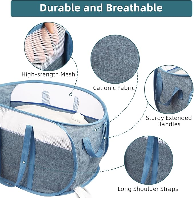 Collapsible Laundry Baskets, Tear Proof Pop Up Laundry Hamper with Dual Handles, Durable Foldable Laundry Basket, Easy to Carry Laundry Hamper for Home, Laundry Room, Bedroom, Dorm, Travel Blue